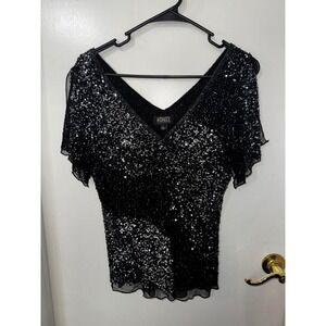 Adrianna Papell Black Sequin Beaded Silk‎ Top V-Neck Party Evening Blouse